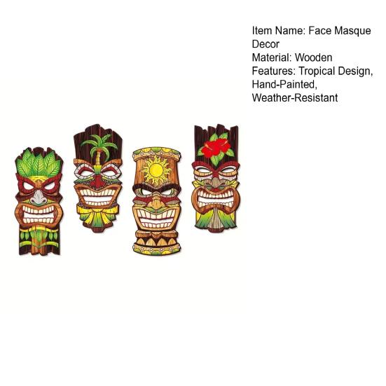 Yousheng 4 Stück Gesichtsmasken-Dekor Massivholz Handbemalt Tiki-Gesichtsmaske Tropischer Hawaiianischer Stil Wanddeko Strand Poolbereich Dekoration