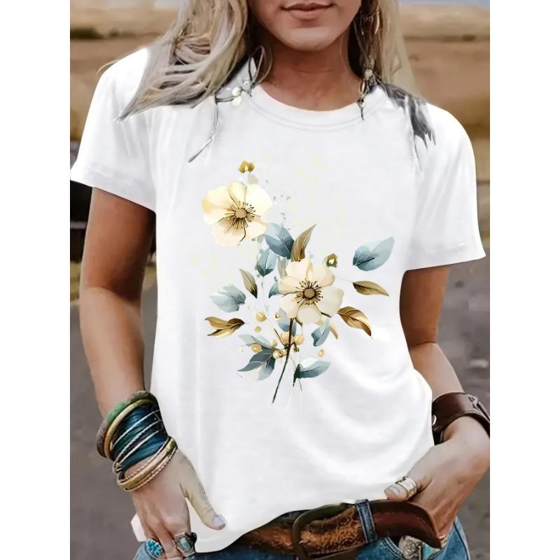 A New Summer Short-sleeved Women's T-shirt with Plant and Floral Prints