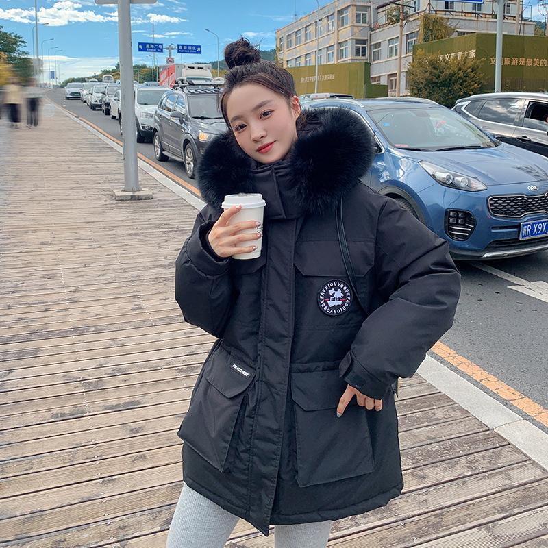 

Хлопковая куртка для девочек средней школы, длинная, новая, корейская версия, свободного кроя, в стиле милитари, куртка-пуховик, зимнее пальто с капюшоном для колледжа. XXL чёрный