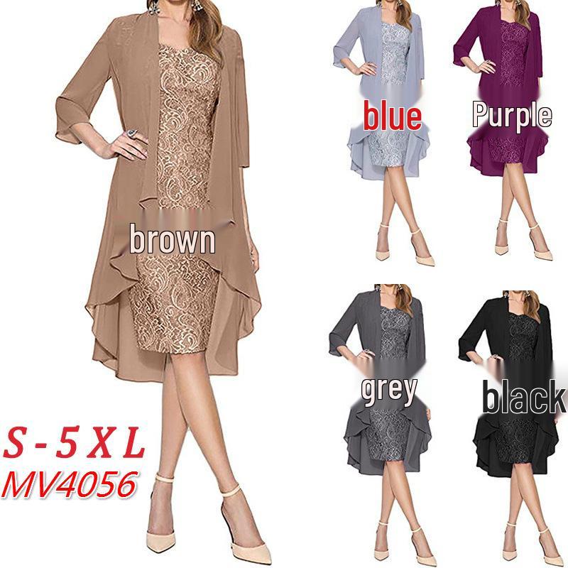 Fustă Midi Comuter din Dantelă Șifon & Rochie Slim Set Două Piese