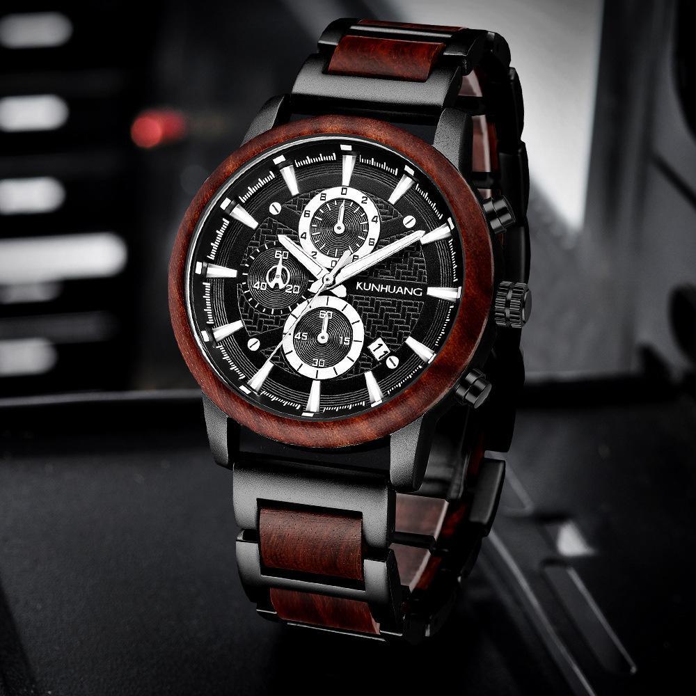 Wood Watches Luxury Luminous Multi-function Wooden Men's Chronograph Quartz Retro Watch Fashion Sport Timepieces