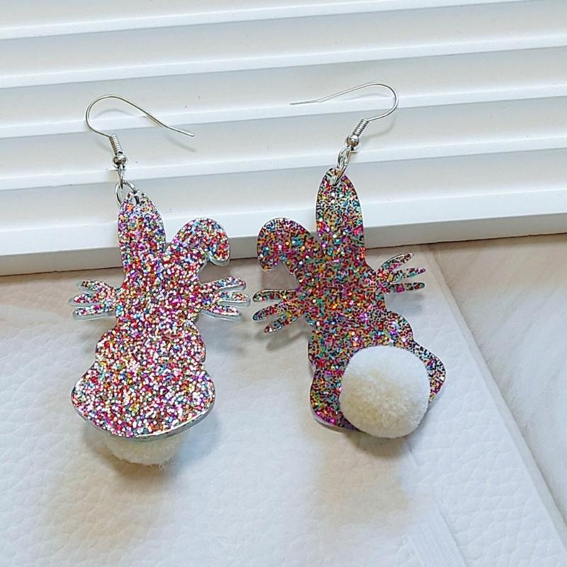 Acrylic Rabbit Plush Ball Drop Earrings Colorful Sequins Charm Earrings Jewelry