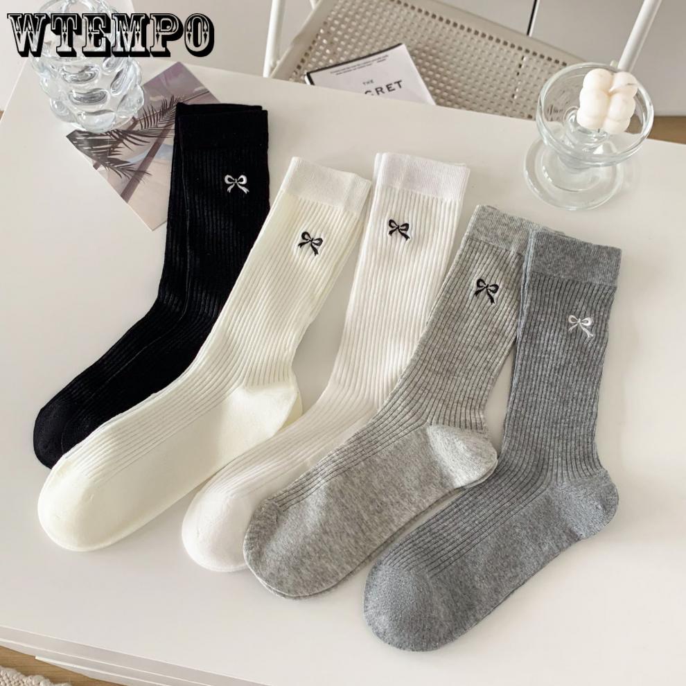 5pcs White Bow Socks Women Ballet Style Mid-calf Socks Summer Thin Stockings Cotton Stacked Socks