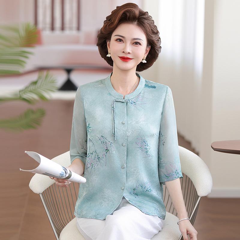 

Mom s 2026 Chinese Style Summer T-Shirt - Short Sleeve, Age-Reducing Top for Middle-Aged & Elderly Women XL (Recommended 100-110 lbs) зелений