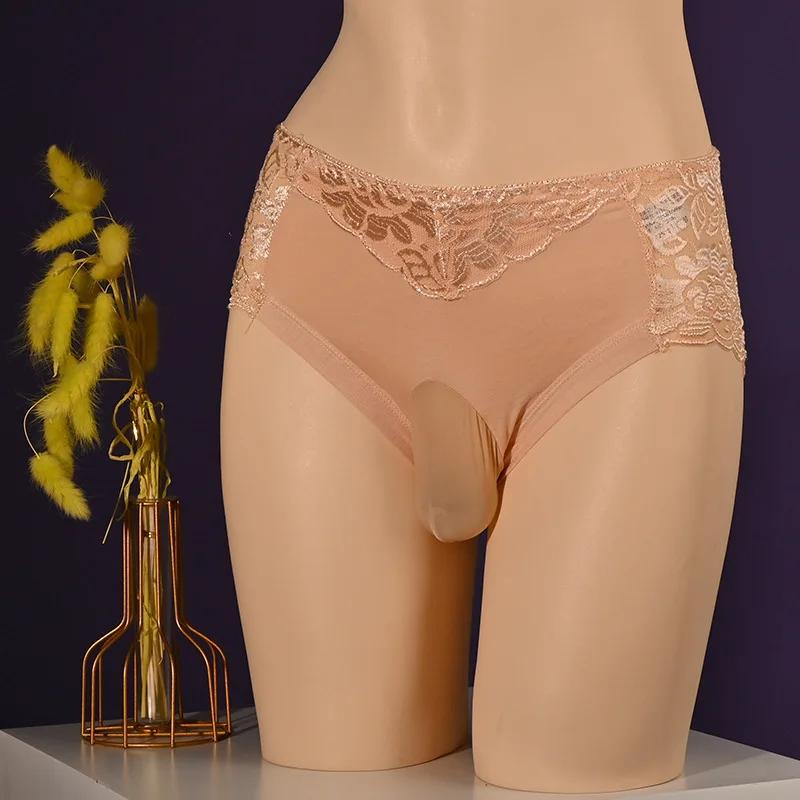 M-3Xl Large Size Sissy Pouch Panties Men Lace See Through Crossdressing Briefs Bullet Separation Underpant Gay Erotic Brief