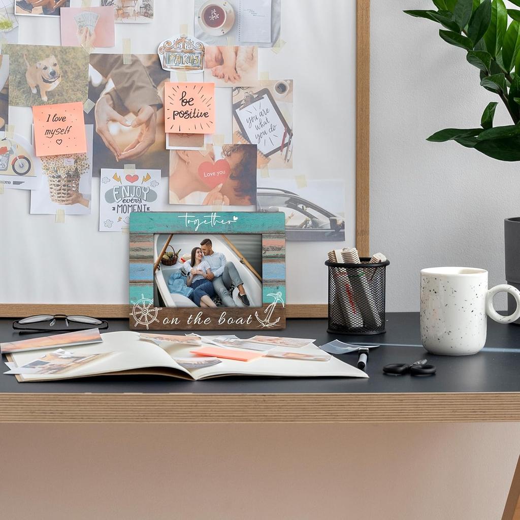 Together on the Boat 4x6 Picture Frame, Boat Lovers Captain Owner Gifts Wooden Picture Frame, Boating Gifts for Women Men, Nautical Anchor Rudder