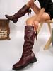 Foreign Trade Giant Legs Thin~ Square Head Pleated Knight Boots Women's 2025 Autumn and Winter Retro Thick Medium Heel Long Tube Boots