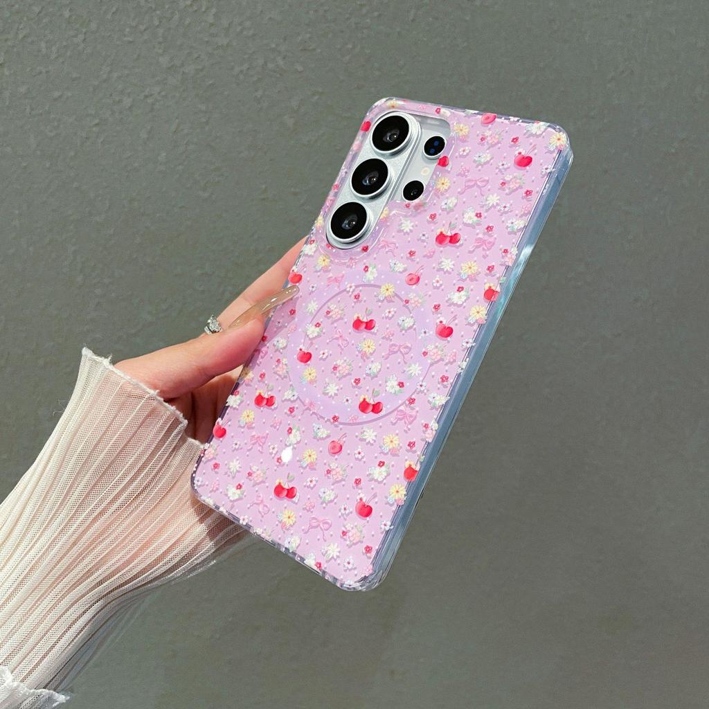 Cherry Blossom Floral Samsung S26 Ultra Magnetic Full Coverage Phone Case S24/S25 Protective Cover