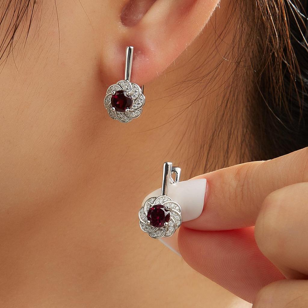 Flower Shape Design 925 Sterling Silver Women's Earrings Natural Round 5.0mm Rhodolite Garnet Fine Jewelry for Valentines Gifts