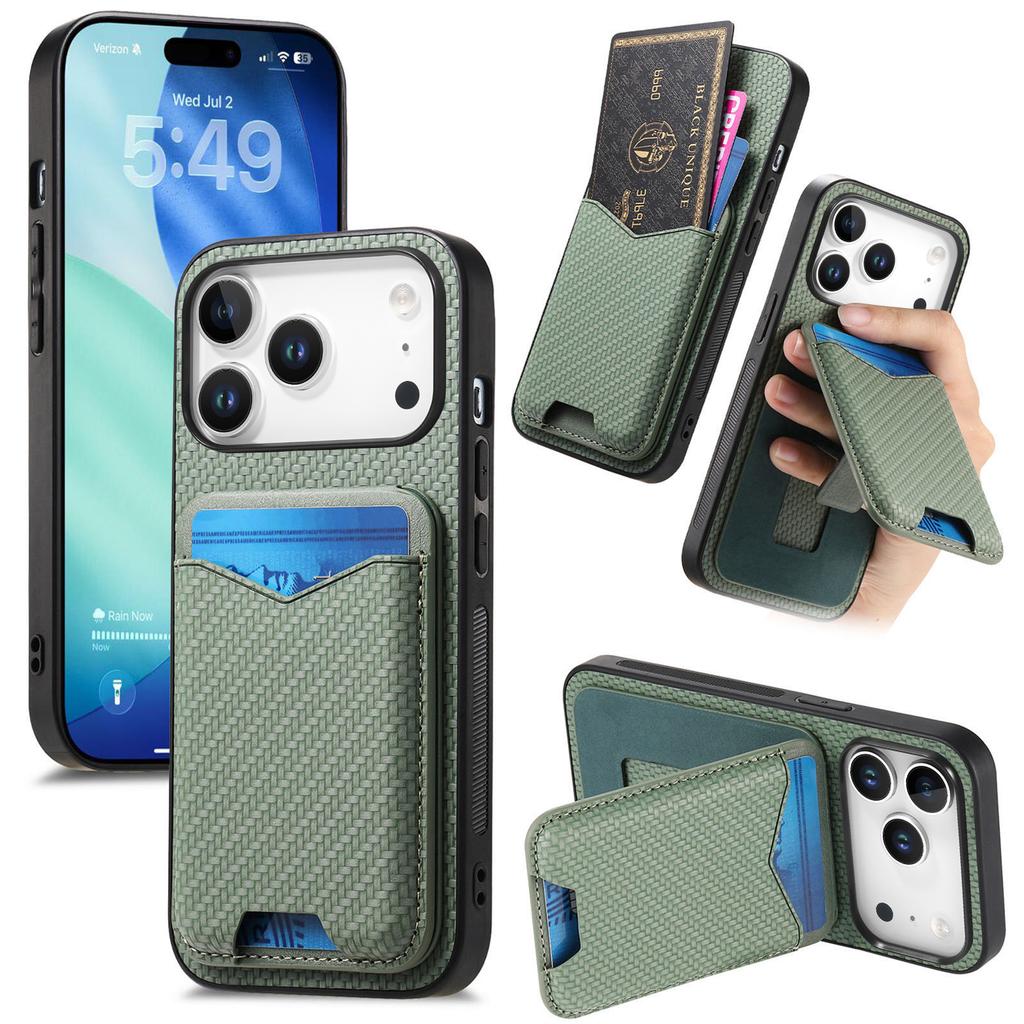 Für iPhone 17 Pro Hülle Kartenhalter Ständer Kohlefaser Textur Rückseite