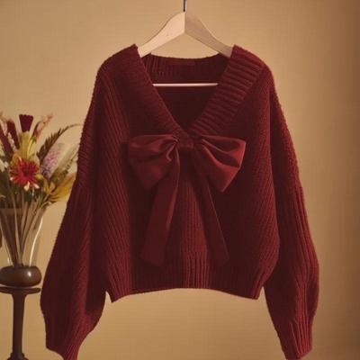 Autumn 2024 Women's Red Bow Knit Sweater - Unique & Stylish