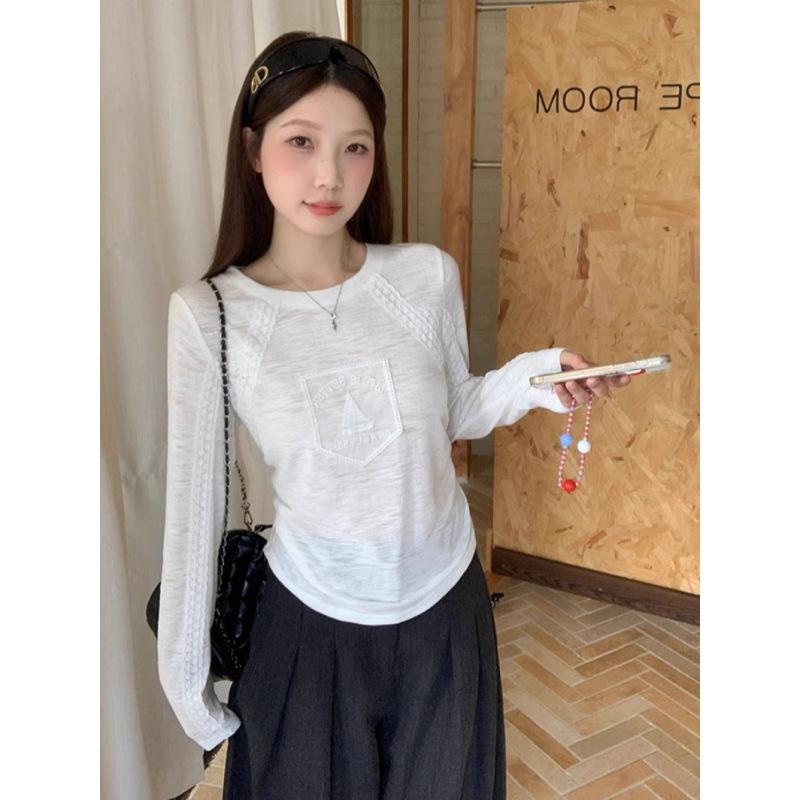 

Women s Stylish Long Sleeve Lace Patchwork Round Neck T-shirt with Sailboat Embroidery - Perfect for Early Autumn Medium білий