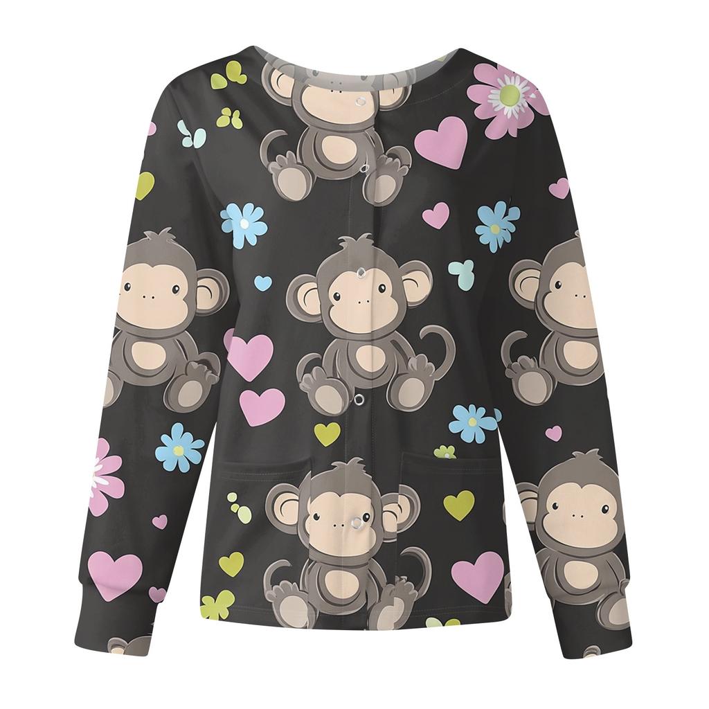 Damen Casual Mode Langarm Stehkragen Einreiher Niedlich Tierisch Bedruckt Arbeitsjacke Oberteile