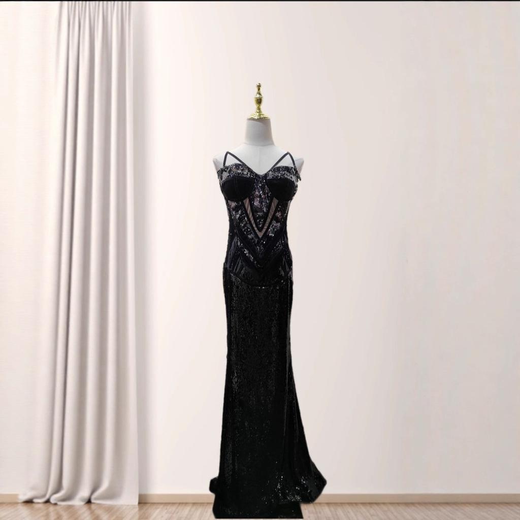 European and American sexy suspender sequined velvet splicing heavy industry hip wrap party dinner dress dress