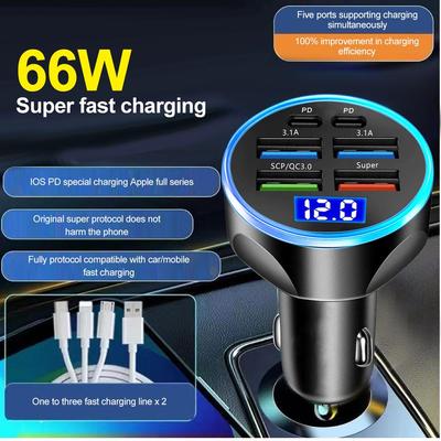 66W USB nabíječka do auta 4 USB+2 PD adaptér pro rychlé nabíjení PD QC3.0 USB C nabíječka do auta s napětím displeje pro iPhone Samsung Huawei