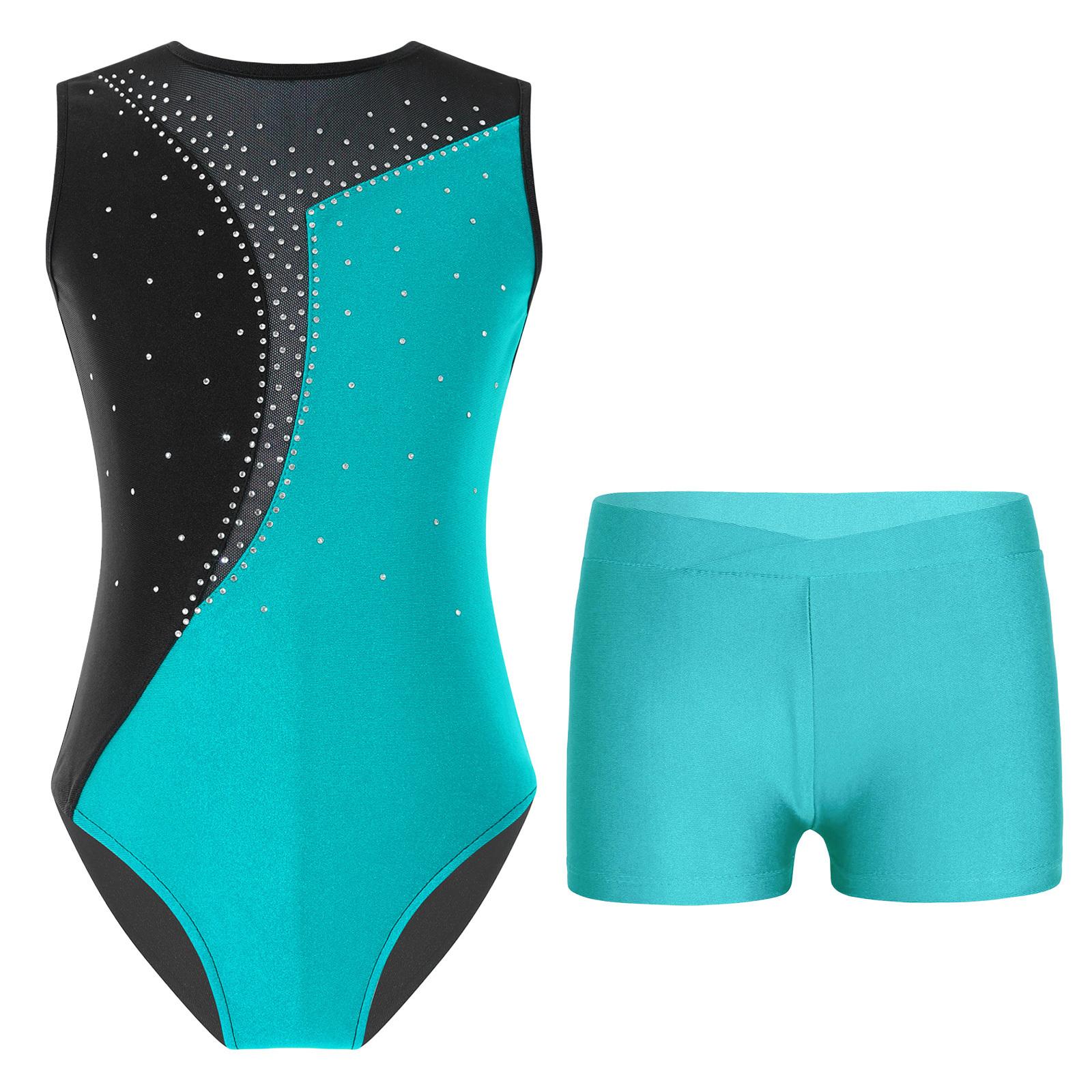

Girls Performance Leotard Sleeveless Round Neck Shiny Rhinestones Contrast Patchwork Design Waistband Shorts Set 13-14 Years бірюзовий