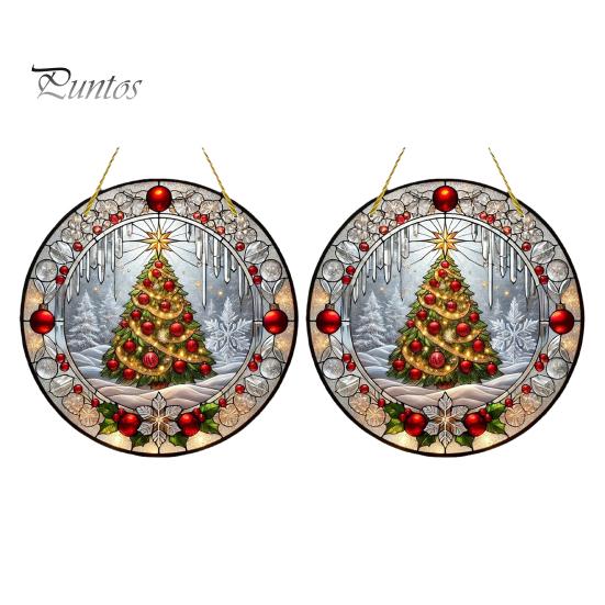 Retro Christmas Tree Hanging Pendant Stained Glass Style Acrylic Window Hanging, Snow Scene Indoor Xmas Party Decorations Suncatcher, Door Home Decor