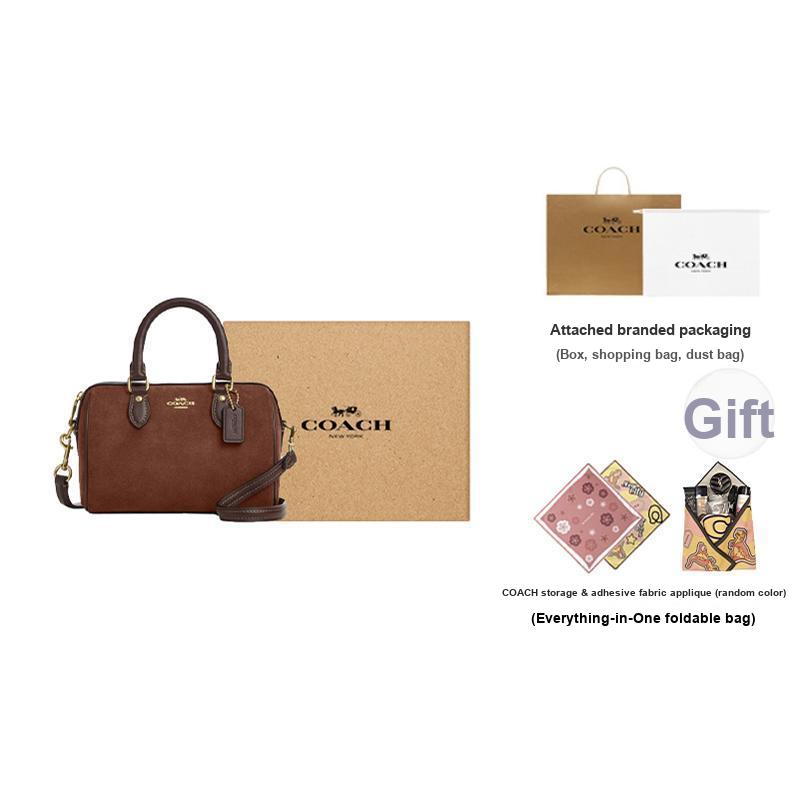 Coach Rowan 17 Gold Logo Suede Leather Boston Cylinder Handbag Small Vintage Brown Women Handbags CCF29-IME0S