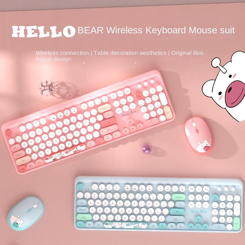 

Милая девушка с круглыми клавишами, красочный набор клавиатуры и мыши для офиса