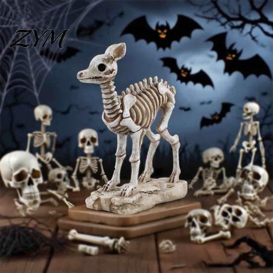 Haunted House Supplies Skeleton Animal Statue, Spooky Deer Cat Duck Figurine, Resin Yard Display Ornament for Halloween Table Centerpiece, Front Porch