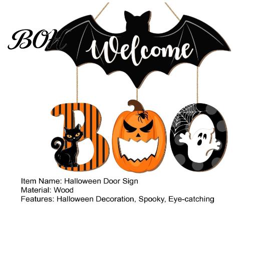 Natural Texture Holiday Sign Halloween BOO Door Sign, Wooden Ghost Evil Pumpkin Black Cat Hanging Welcome Festive for Spooky Bat Hanger Front