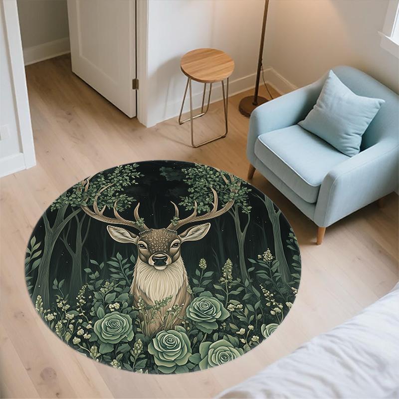 Forest Deer,Round Area Rug,Carpet Rug for Living Room Bedroom Sofa Playroom Decor,Non-slip Floor Mat