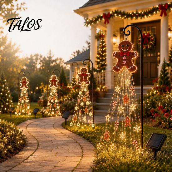 Outdoor Gingerbread Man Lights Solar Garden Light, Waterproof Yard Light with Warm Christmas Stakes Waterfall LED, Pathway Stake Lamp for Lawn