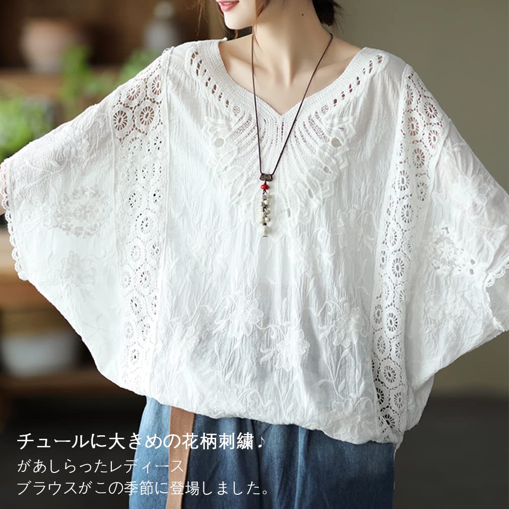 Lace Dolman Short UV Air Conditioning Loose Covers Body Adult Everyday Summer [Bidason] Women's Blouse, Shirt, Sleeve, V-Neck, Sleeve, Cotton,