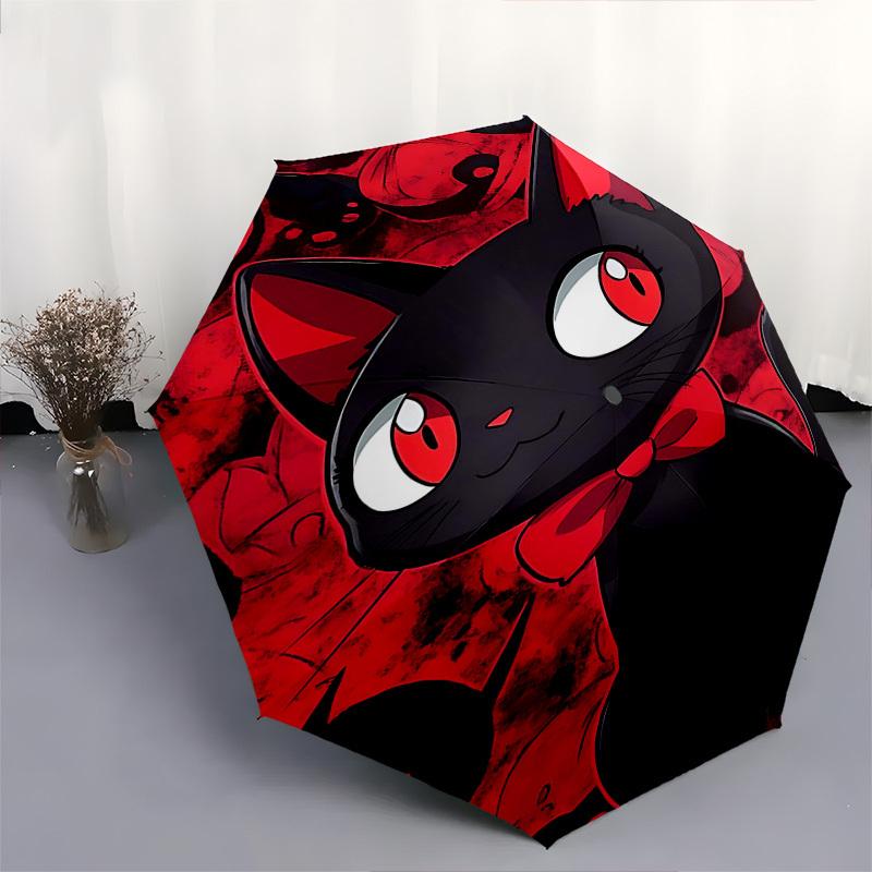 1pc Black Cat with Red Bowknot: Automatic Opening/Closing Umbrella, Portable 3-Fold Design, 8-Bone Iron Frame, Outdoor Umbrella, Festival Gift for Fan