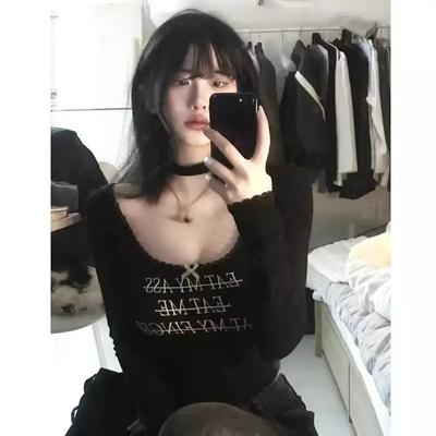 2000s Y2k Vintage Clothing Black Lace Long Sleeved T-shirt with Bottom Lining for Women's Spring Summer Design Slim Short Top