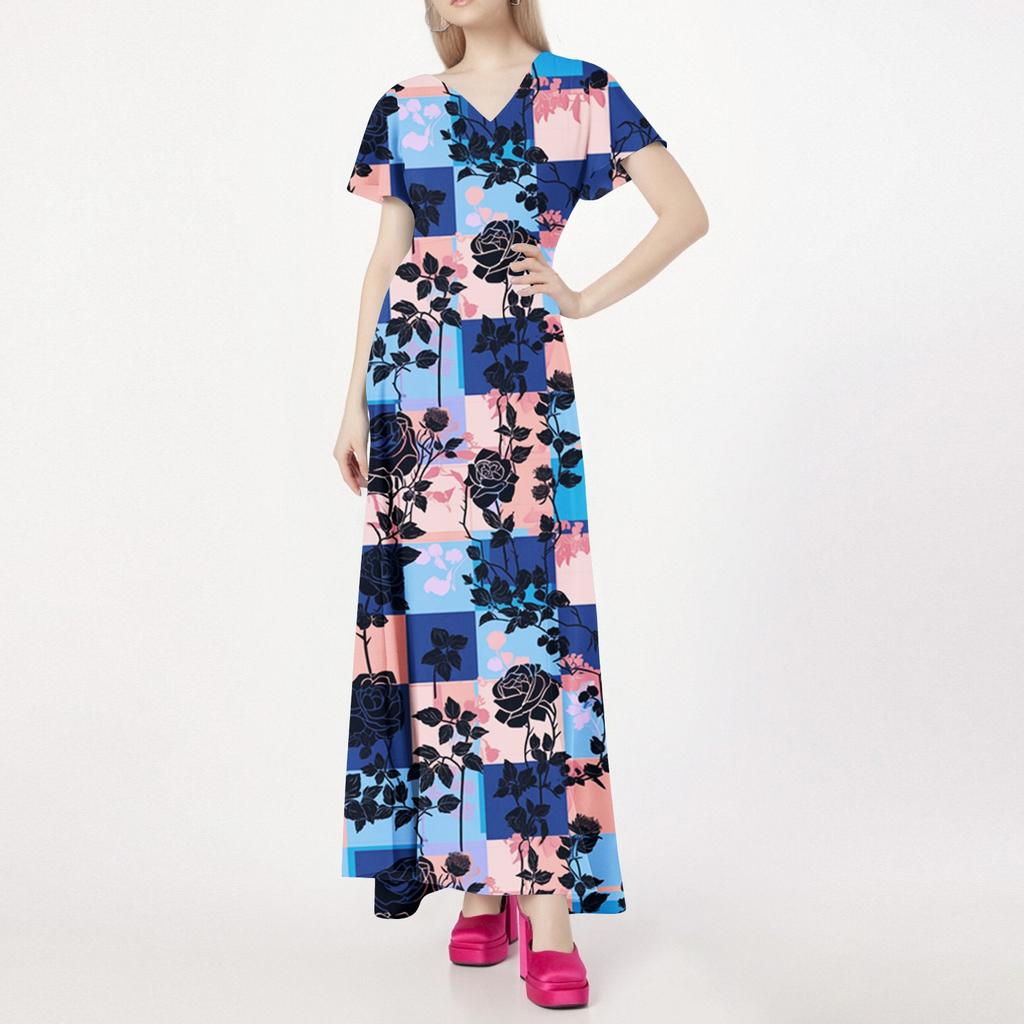 Lässiges Damenkleid mit V-Ausschnitt, kurzen Ärmeln und hoher Taille, Retro-Blumenblatt-Print