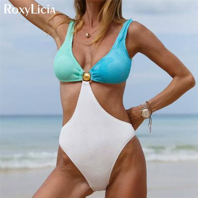 S - XL Wrinkled Crinkled Splicing Cut Out Backless One Piece Swimsuit Women Swimwear Female Bather Bathing Suit Swim Lady