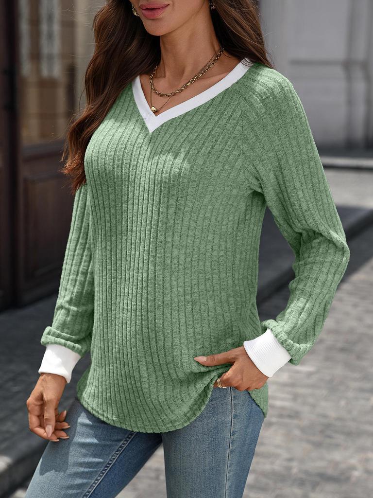Women's Autumn/Winter V-Neck Color-Blocked Ribbed Sweater T-Shirt