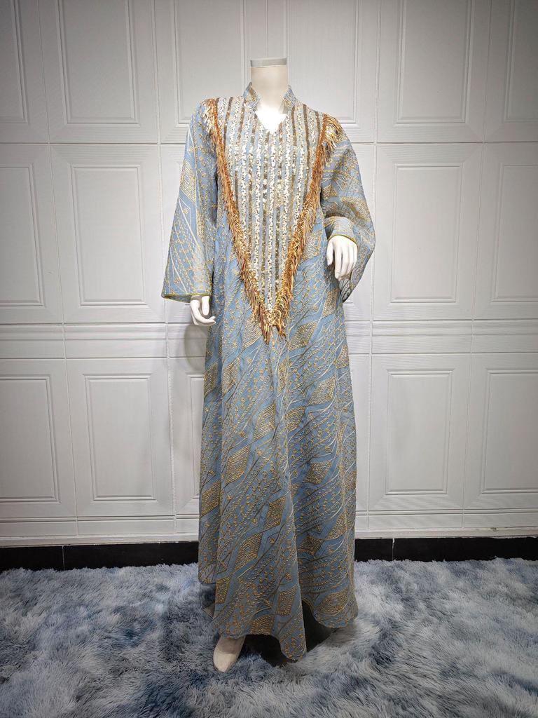 AB320 Tulle Embroidered Sequined Muslim Evening Dress - Arabic Dubai Style Robe for Middle Eastern Women