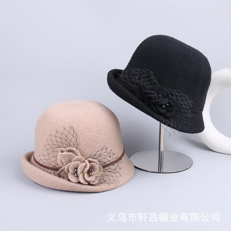 Hat women's autumn and winter fashion flower bucket hat crimped wool basin hat women's British retro bowler hat