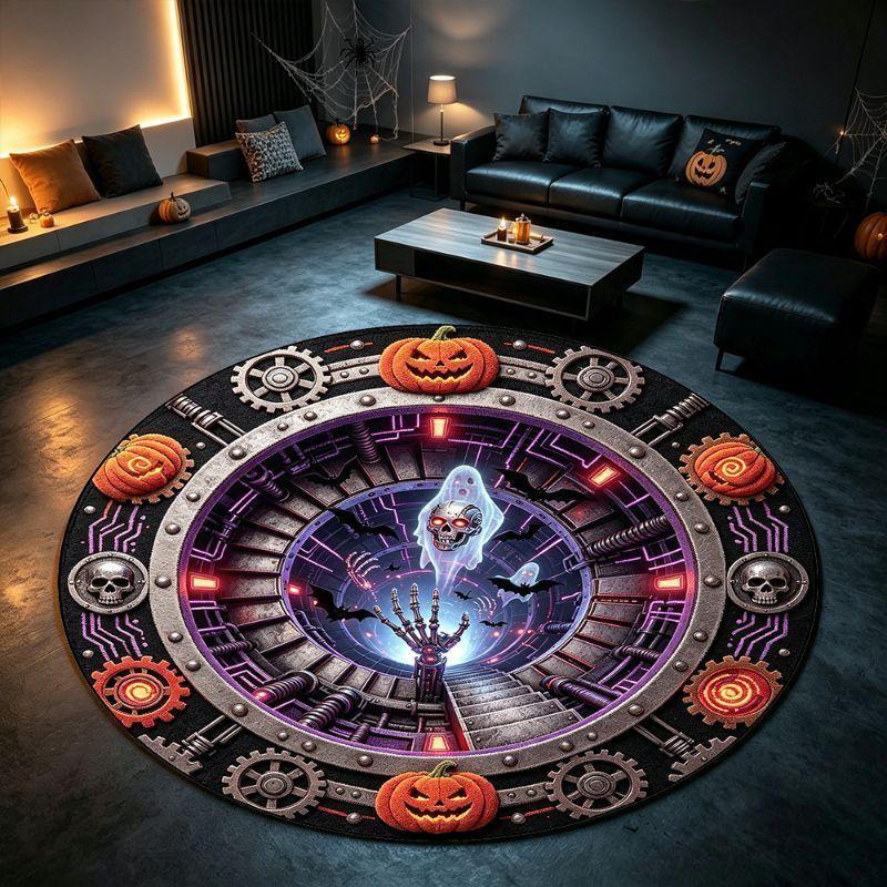 Halloween Round Rug Gear Portal Skull Neon 3D Illusion Non Slip Area Rug Living Room Spooky Decor Elegant Soft Washable