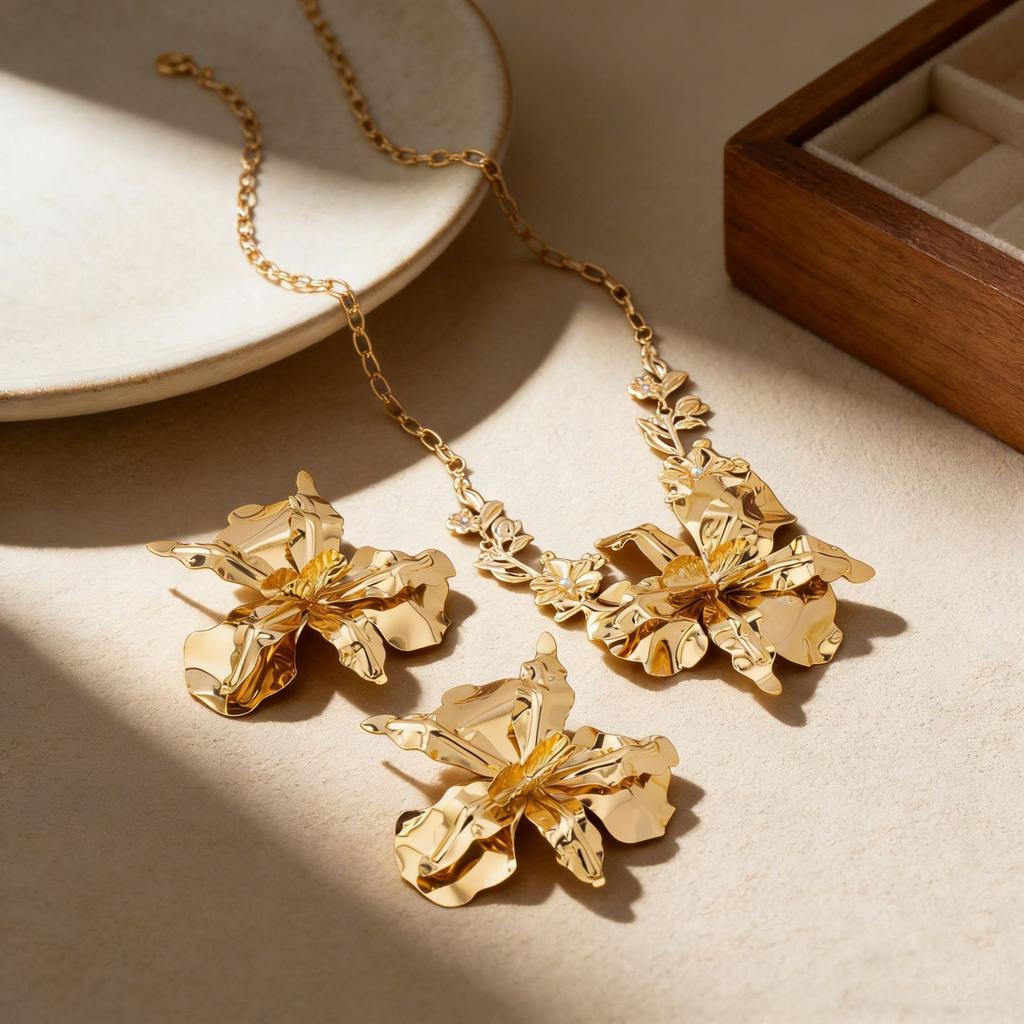 Popular European and American Exaggerated Oversized Flower Necklace Earrings Set Jewelry Dress Banquet Party Accessories Gold