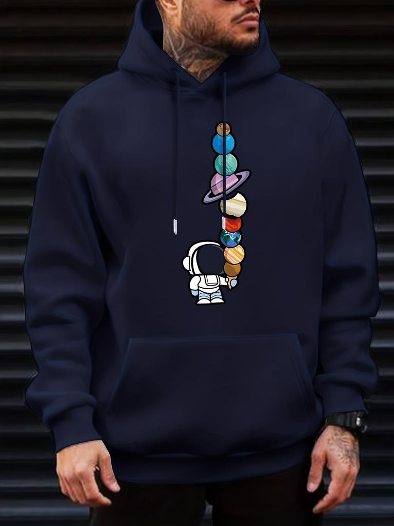 Space Theme Cute Astronaut Stacked Planet Ice Cream Graphic Men's Bright Yellow Hoodie, Hip Hop Sports Daily Loose Pullover Sweatshirt