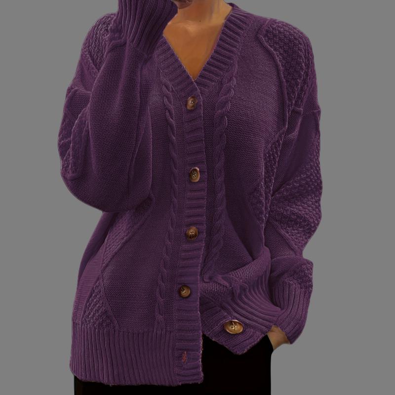 Women's Solid Color V-Neck Long Sleeve Knit Cardigan Jacquard Sweater for Autumn and Winter