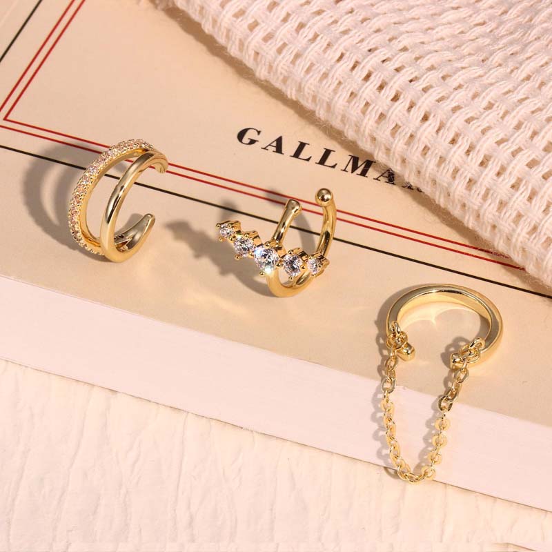 3Pcs/Set Fashion Gold Color Tassel Chain Ear Clip for Women Exquisite Sparkling Zircon Non-Piercing Ear Cuff Y2K Jewelry Gift