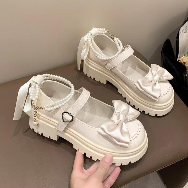 Mote Søte Damesko Sommerfuglknute Mary Jane Sko Perlekjede Sko for Kvinner Plattform Damesandaler Lolita Sko Zapatos De Mujer