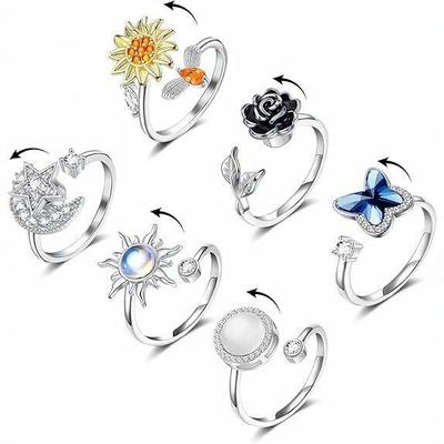 Bague Fleur Zircon Ajustable Européenne-Américaine: Conception rotative créative pour soulager l'anxiété