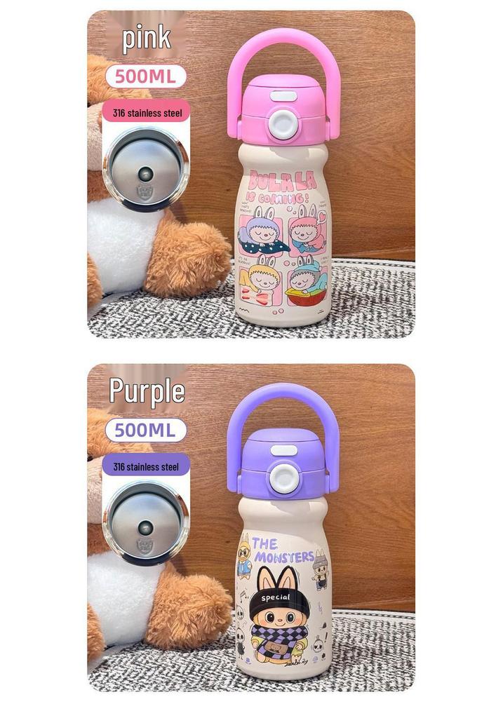 Cartoon Double-Drink Baby Bottle - 316 Stainless Steel Thermos with Straw