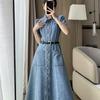 High-End Blue Retro Denim Summer Dress for Women 2026: Slimming Waist-Cinched, Temperament Fashion, Long Commute Style