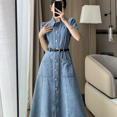 High-End Blue Retro Denim Summer Dress for Women 2026: Slimming Waist-Cinched, Temperament Fashion, Long Commute Style