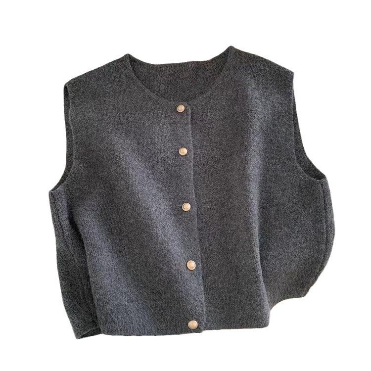 Korean Style Round Neck Gold Button Knitted Sleeveless Cardigan for Women