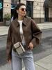 Fashion Brown Zipper Jacket For Women Elegant Lapel Long Sleeve Short Coats Female Vintage Lady Street Outerwear