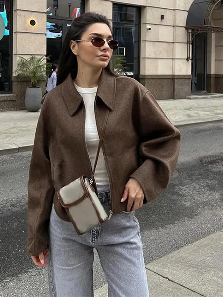 Fashion Brown Zipper Jacket For Women Elegant Lapel Long Sleeve Short Coats Female Vintage Lady Street Outerwear