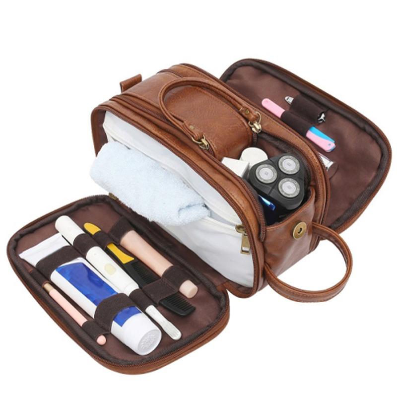 

PU Leather Zipper Makeup Bag Portable Travel Cosmetics Toiletry Carrying Bag Dark Brown
