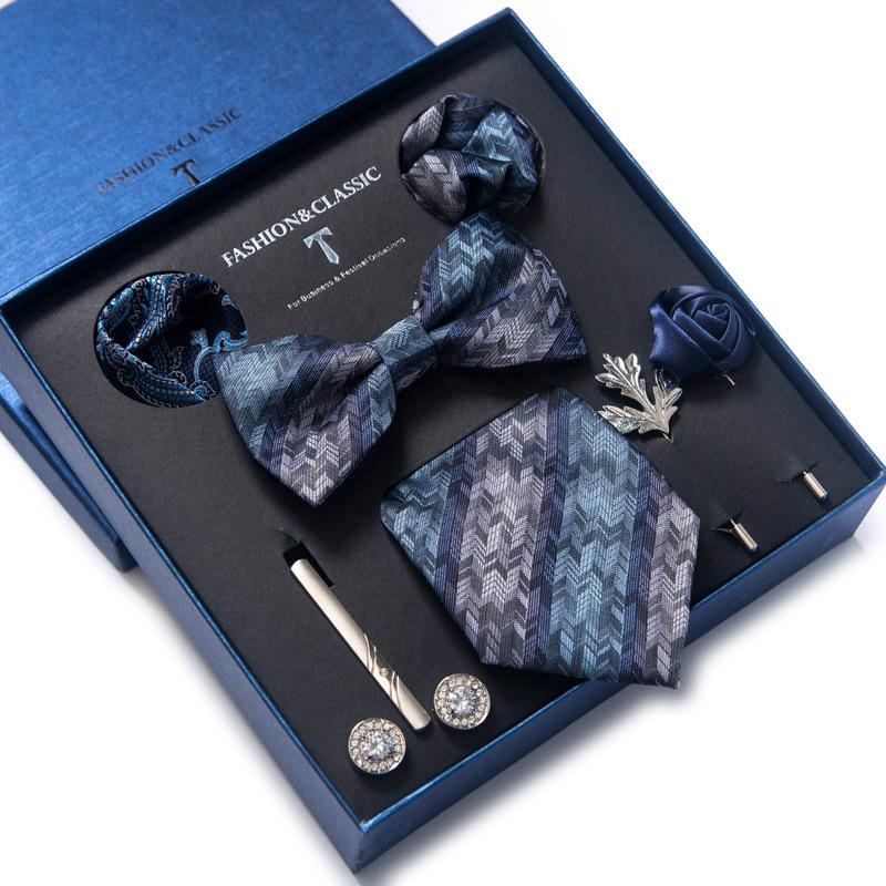 Men's 8-Piece Formal Accessory Set: Bow Tie, Corsage, Brooch, Cufflinks for Weddings.
